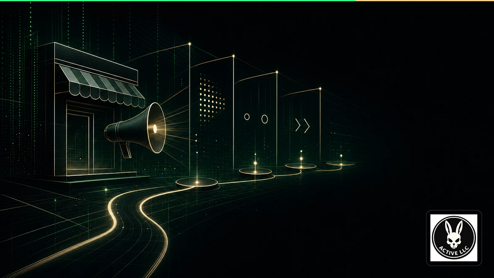 Abstract storefront and pathway forms emerging clearly from intersecting green data lines on a dark background.