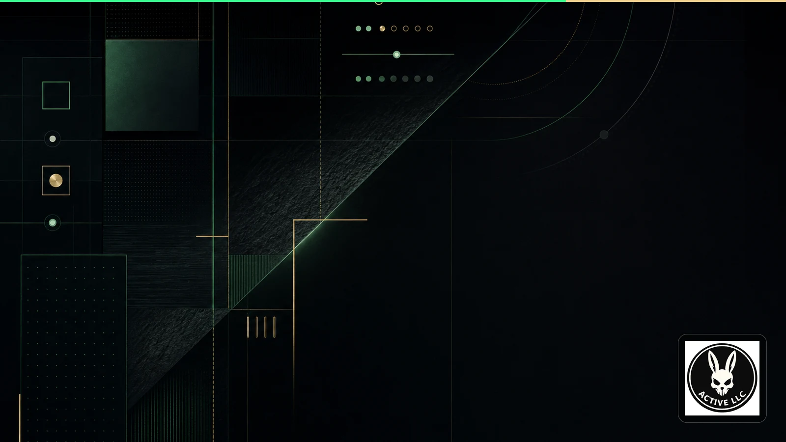 Abstract grid showing typography, focus outlines, interface states, and contrasting geometric elements in black, green, and gold.