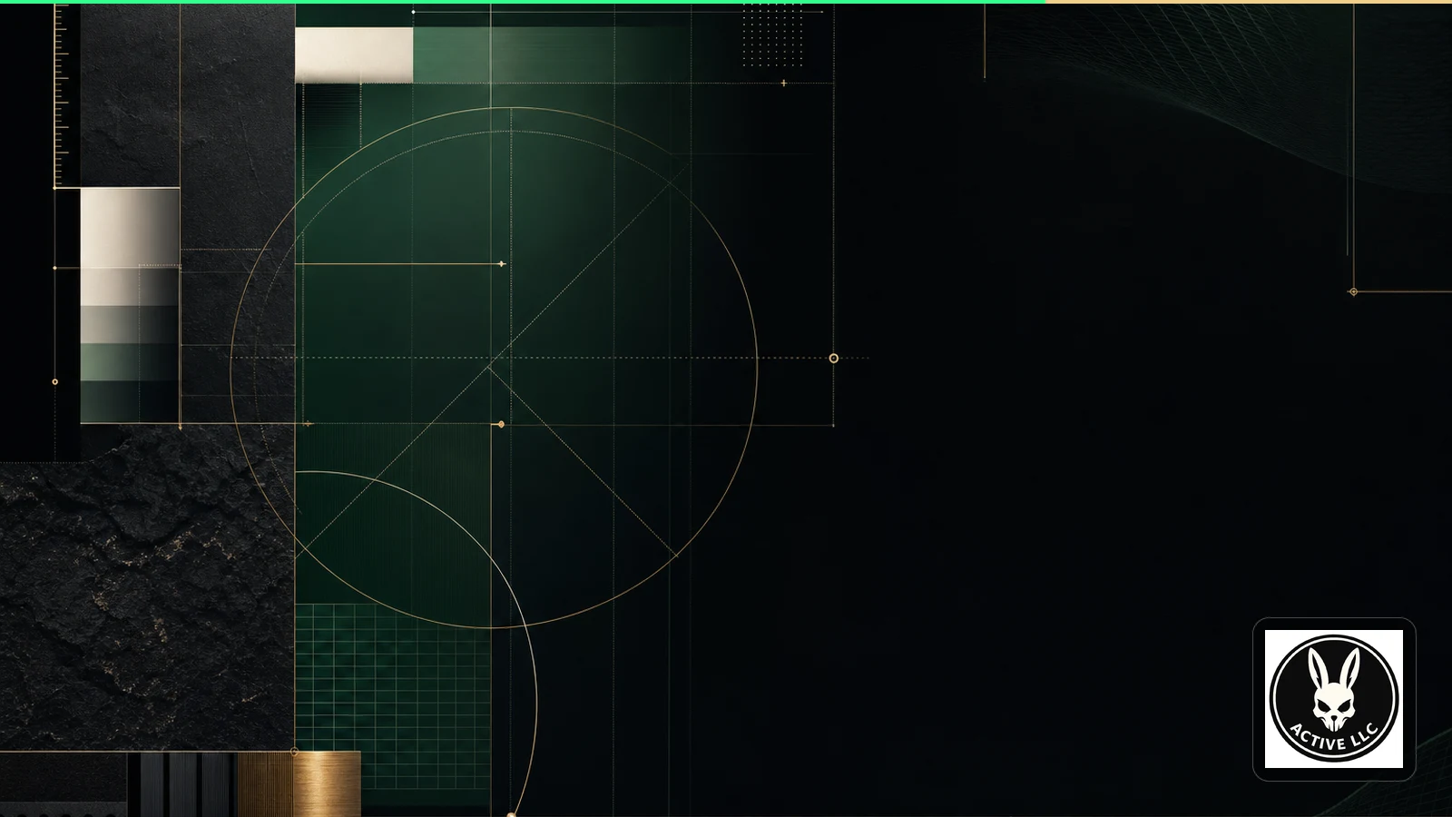 Abstract black, green, and gold measurement grid illustrating product dimensions and scale.