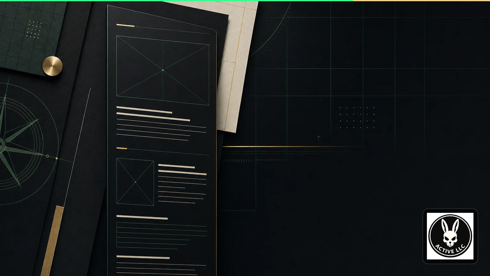 Abstract mobile listing copy arranged in short typographic blocks on a black, green, and gold grid.