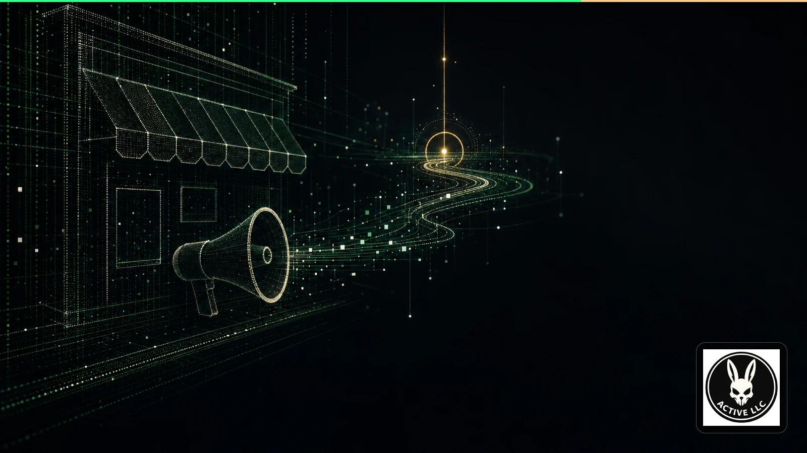 Abstract green communication lines connecting a storefront form to a gold response point on a black background.