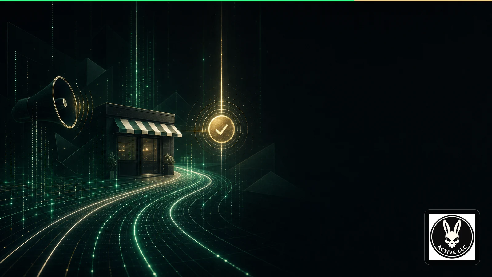 Abstract storefront connected by green information pathways with a restrained gold focal point.