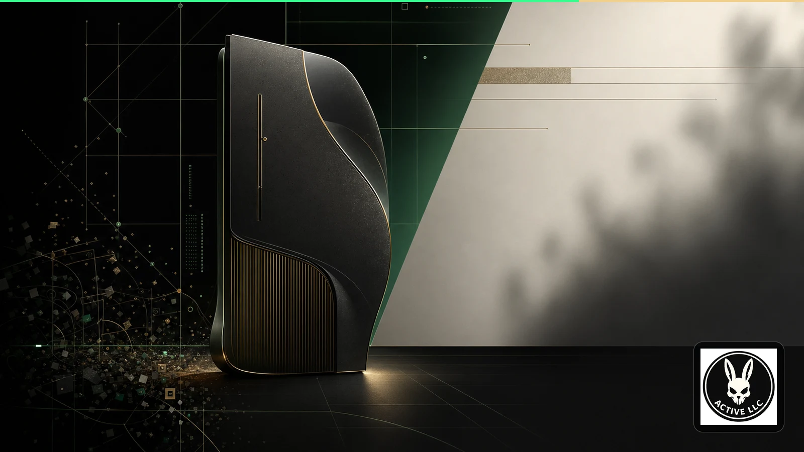 Abstract product form shown against simple contrasting backgrounds within a black, green, and gold geometric composition.