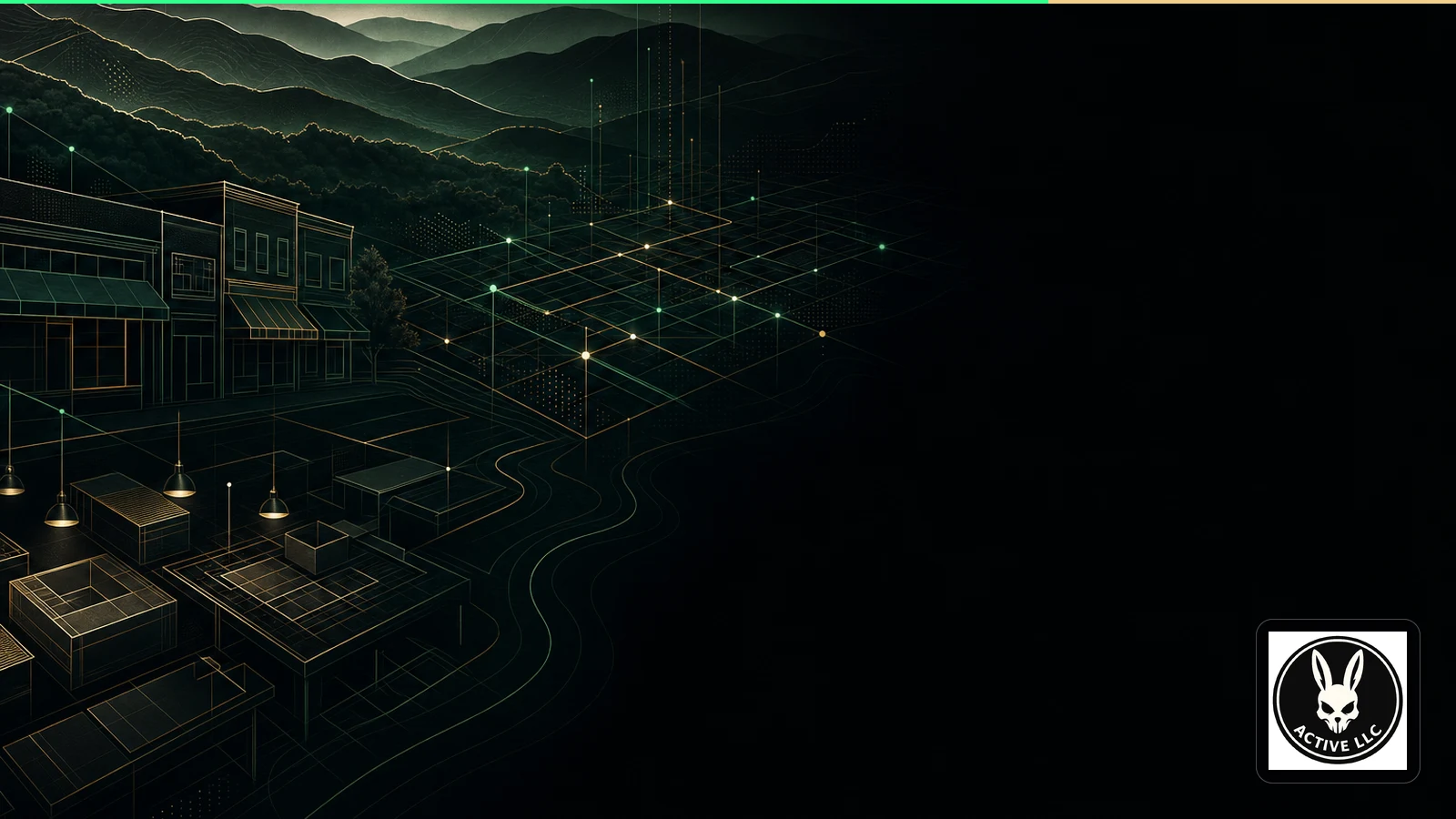 Abstract green and gold ridgelines, street grids, and small-business forms on a near-black background.