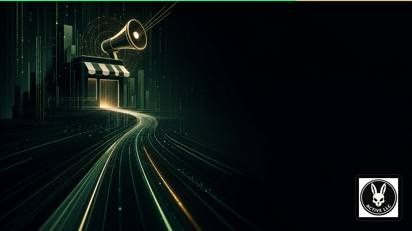 Green data lines converge into one gold-accented path leading toward an abstract storefront.