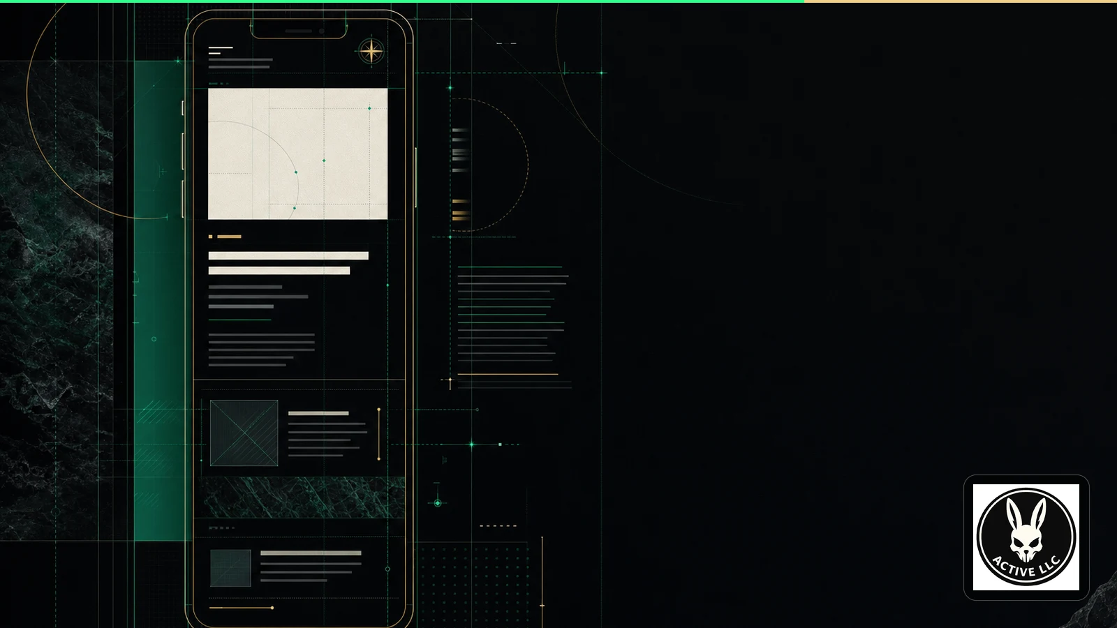 Abstract narrow-screen grid showing typography, spacing, labels, and reading order in black, green, and gold.