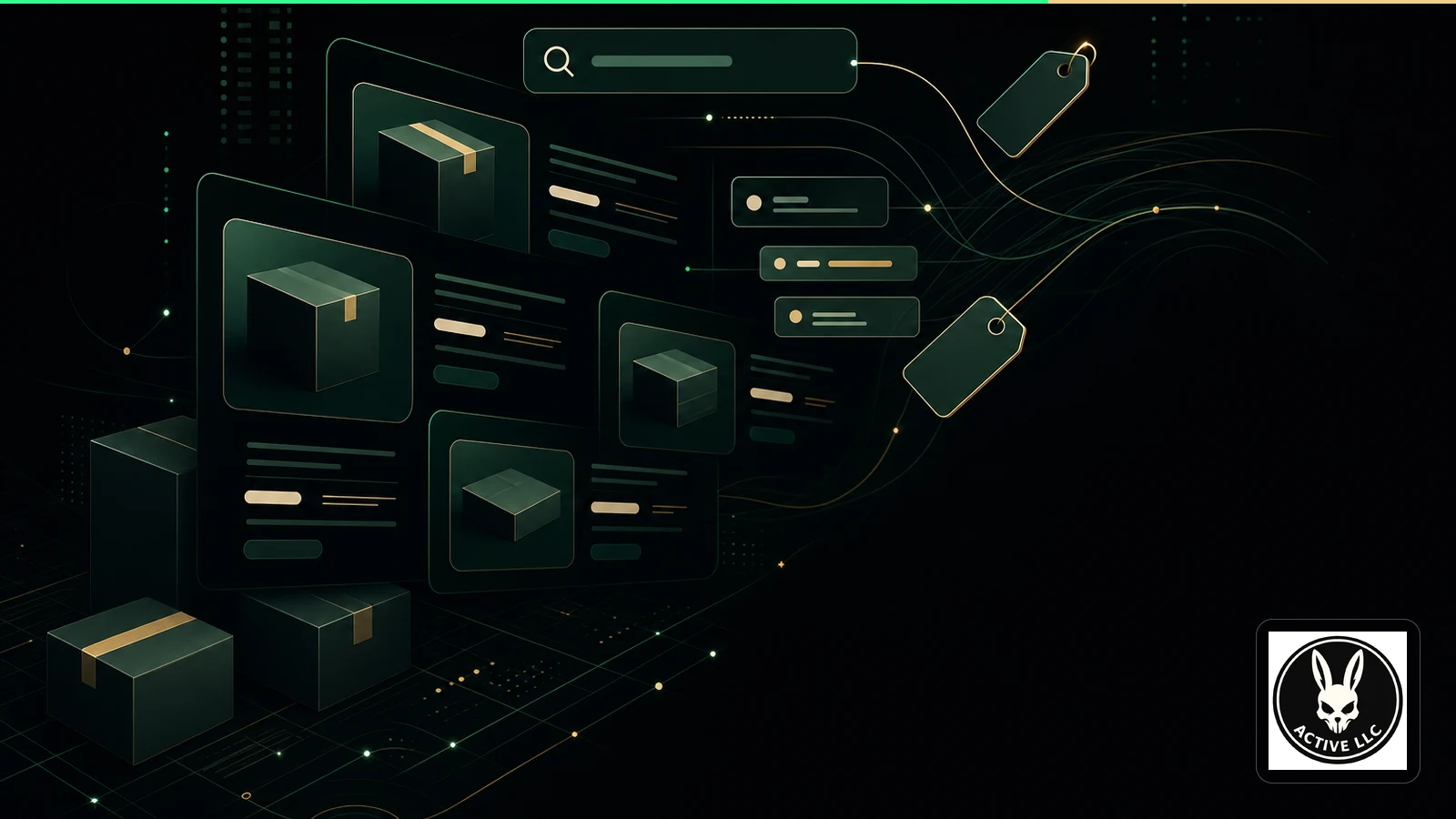 Abstract packages and listing details arranged as a search-intent information map in green and gold on black.
