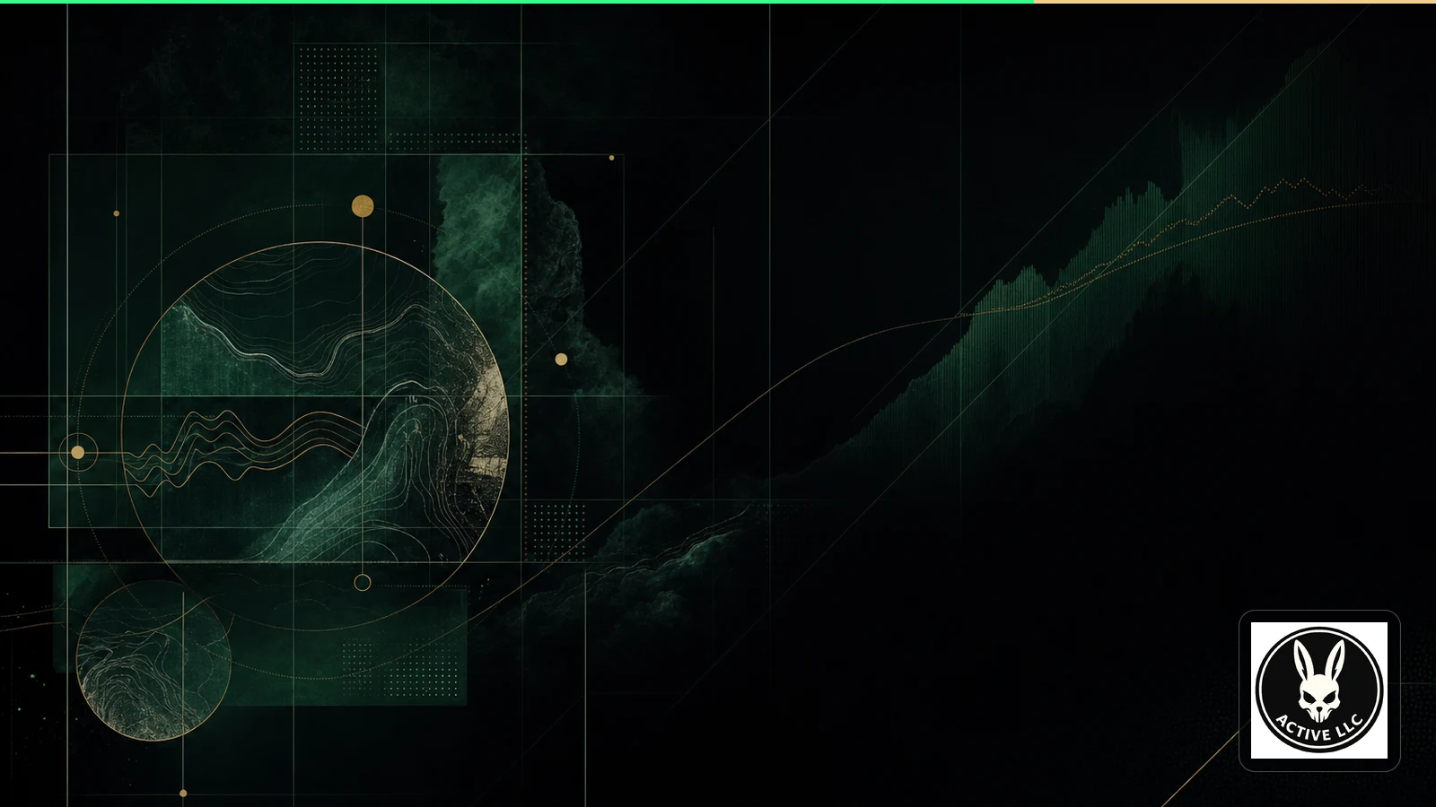 Abstract green and gold evidence markers arranged on a black structured field.