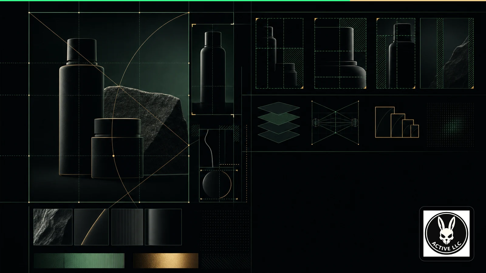 Abstract black, green, and gold composition showing an object becoming clearer through framing, scale, and visual hierarchy.